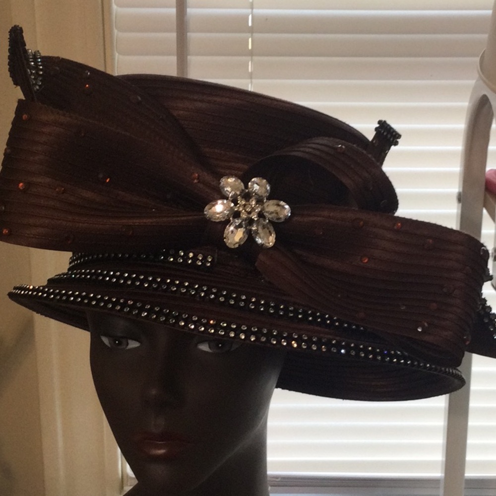 Large Chocolate brown rhinestone hat with large bow and clear brooch.